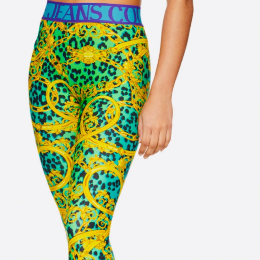 VERSACE Jeans COUTURE Green and Gold Leopard Print Baroque Leggings